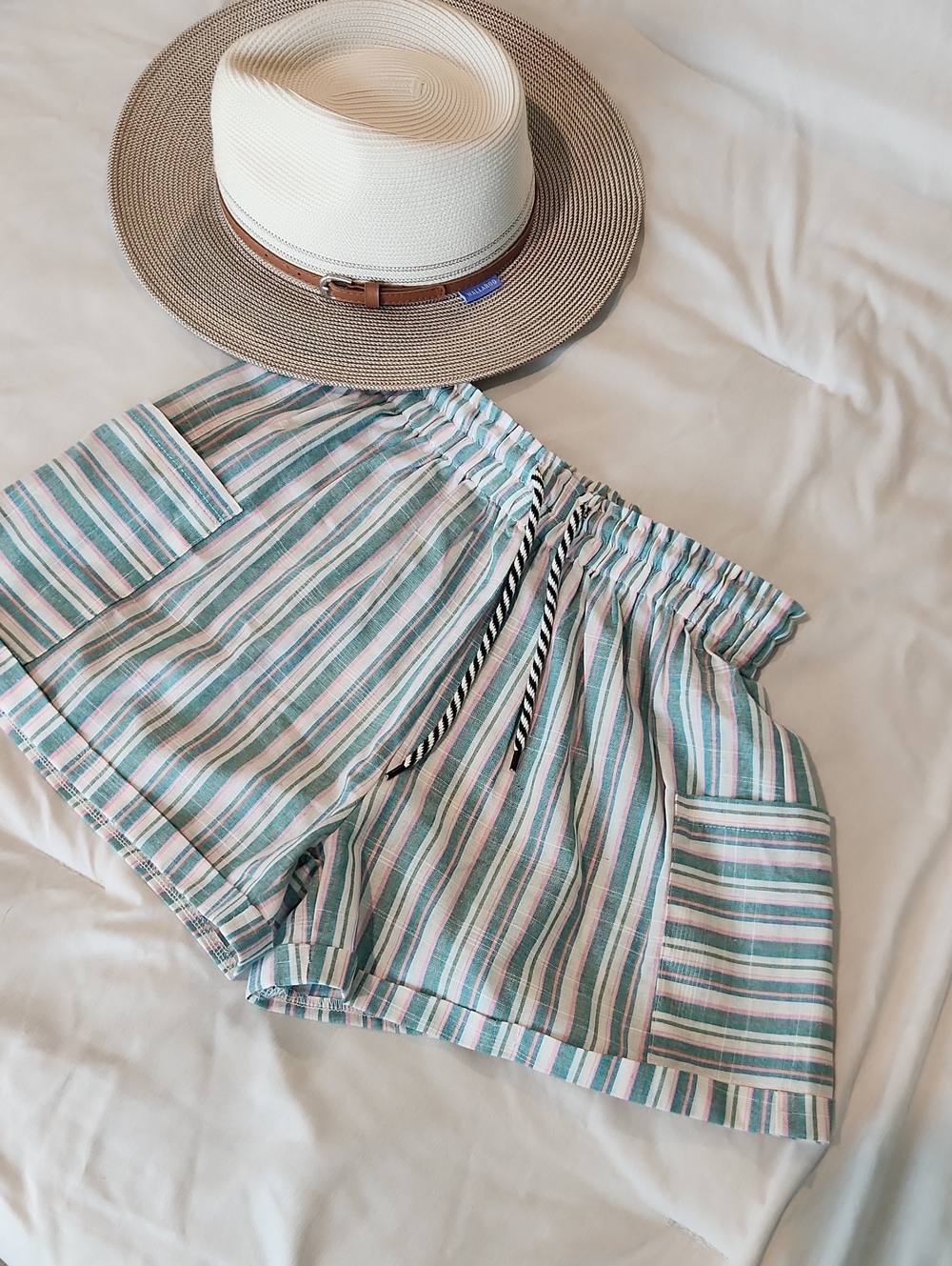 Pink Lily Striped Drawstring Shorts in Mint, Pink & White